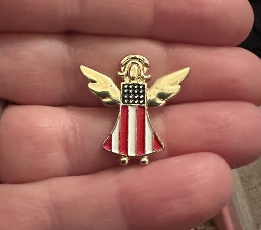 Vtg Gold Tone Guardian Angel Halo American Flag Lapel Pin Red Blue Enamel