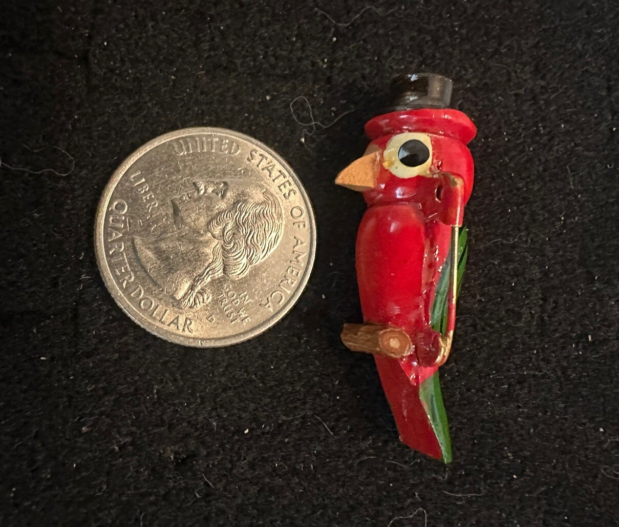 Antique Red Perched Parrot In A Top Hat - Wooden Painted Pin Bird Brooch