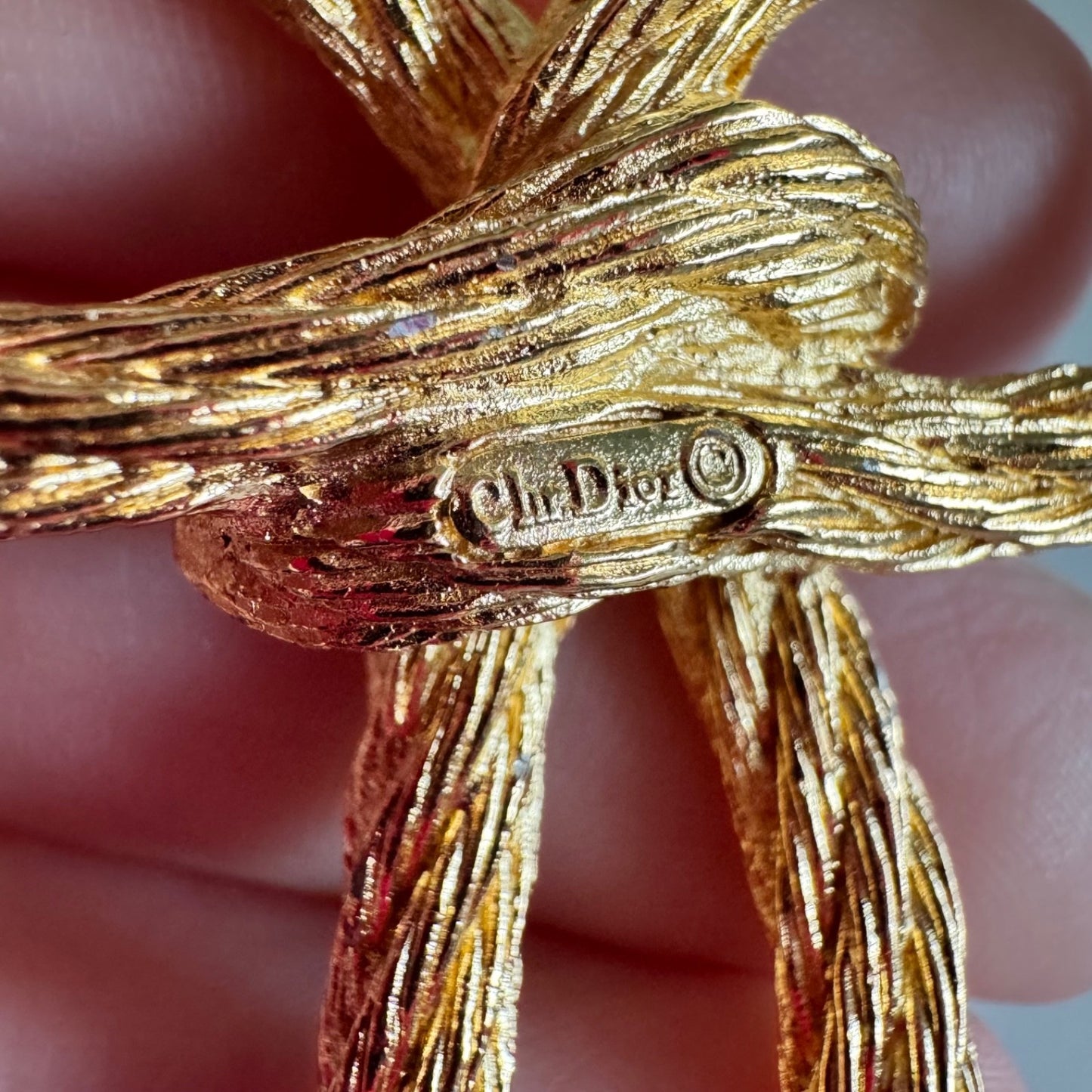 Vintage Christian Dior Gold Tone Bow Brooch – Textured Rope Style Pin