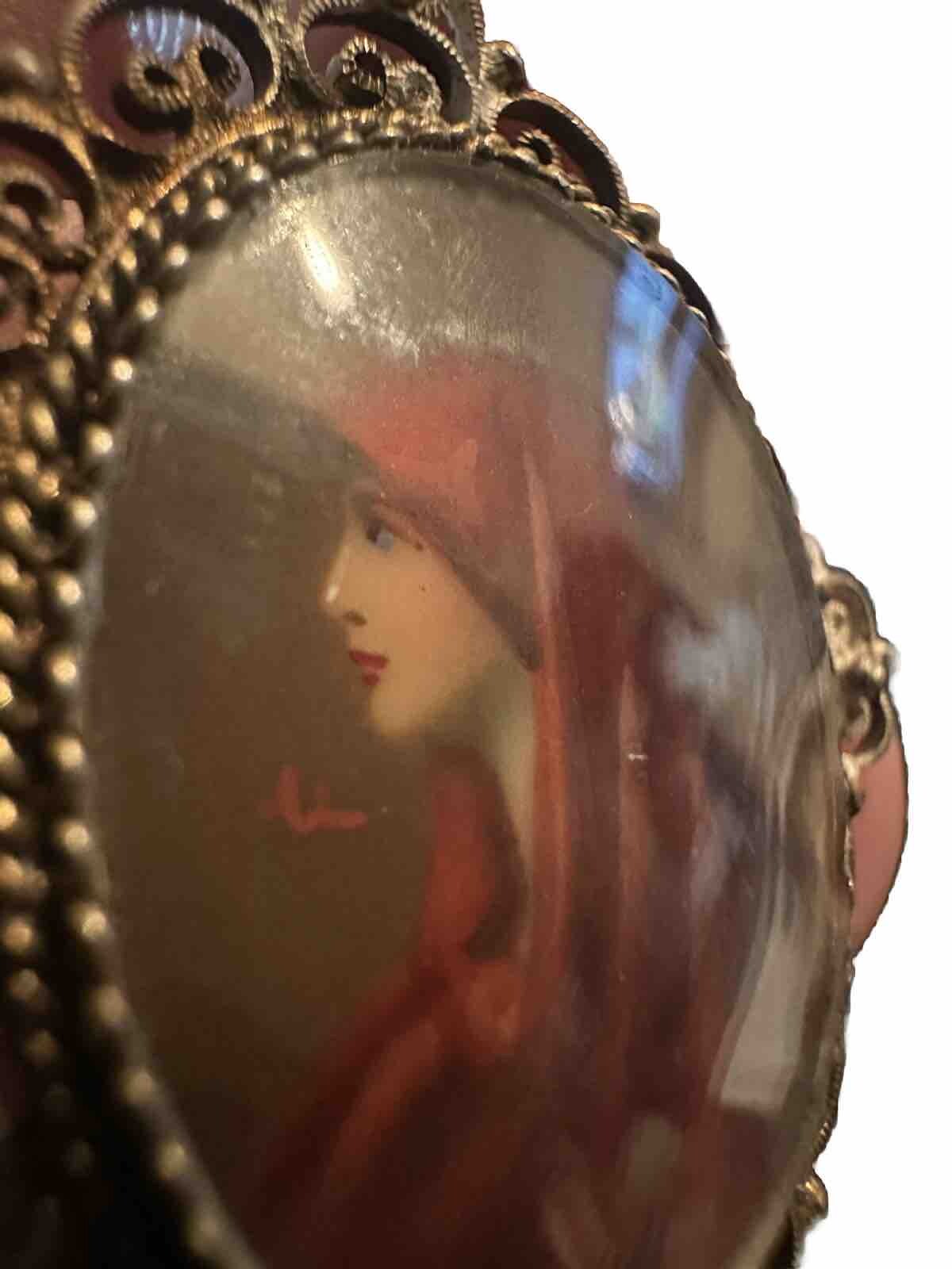 Antique Italian 800 Silver Saint Fabiola Hand Painted Portrait Pendant St. St