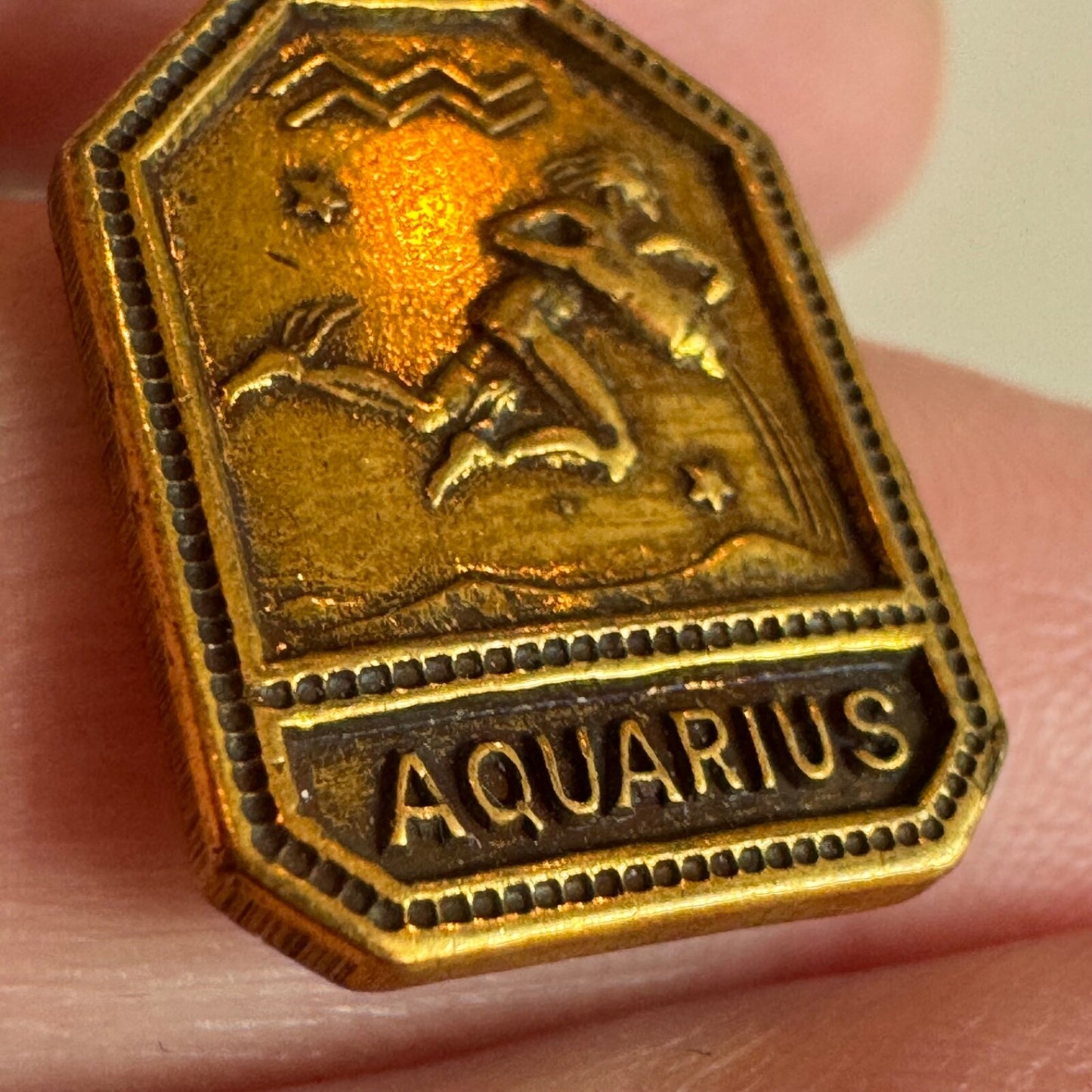 Vintage 1930s-1940s Zodiac Brass Charm AQUARIUS Gold Tone Astrology NOS
