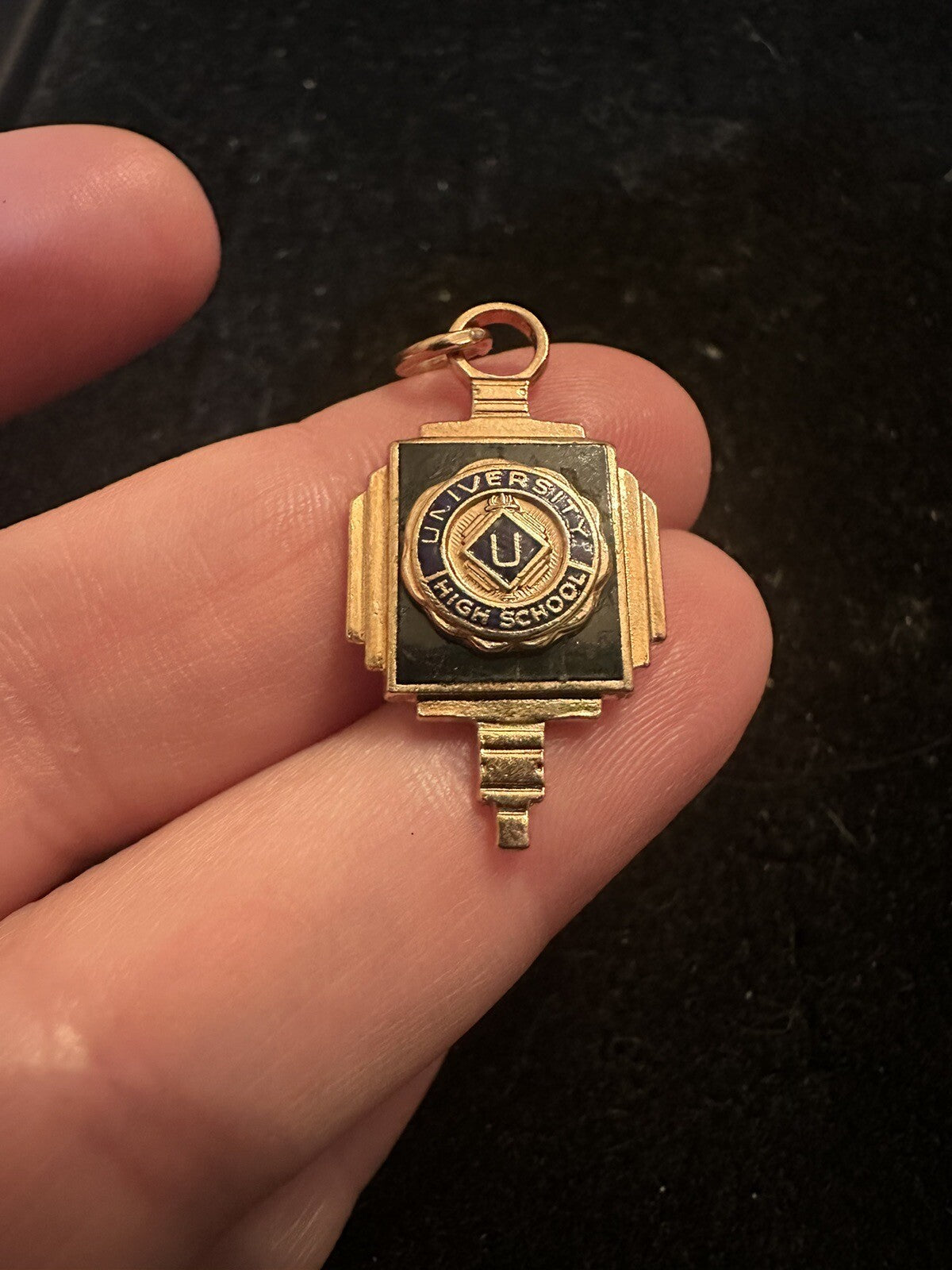 VINTAGE KEY CHARM: UNIVERSITY HIGH SCHOOL FOB GOLD TONE