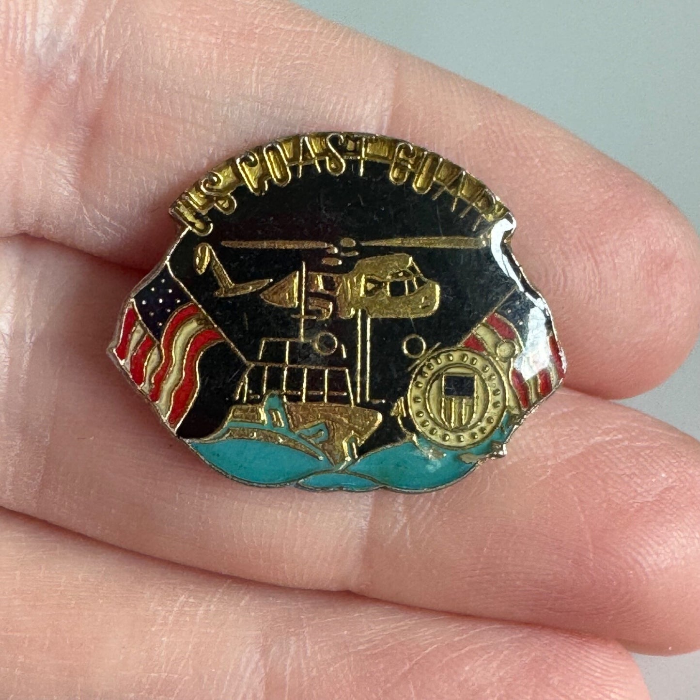 Vintage US Coast Guard Pin – Enamel Badge with Flags Helicopter Boat