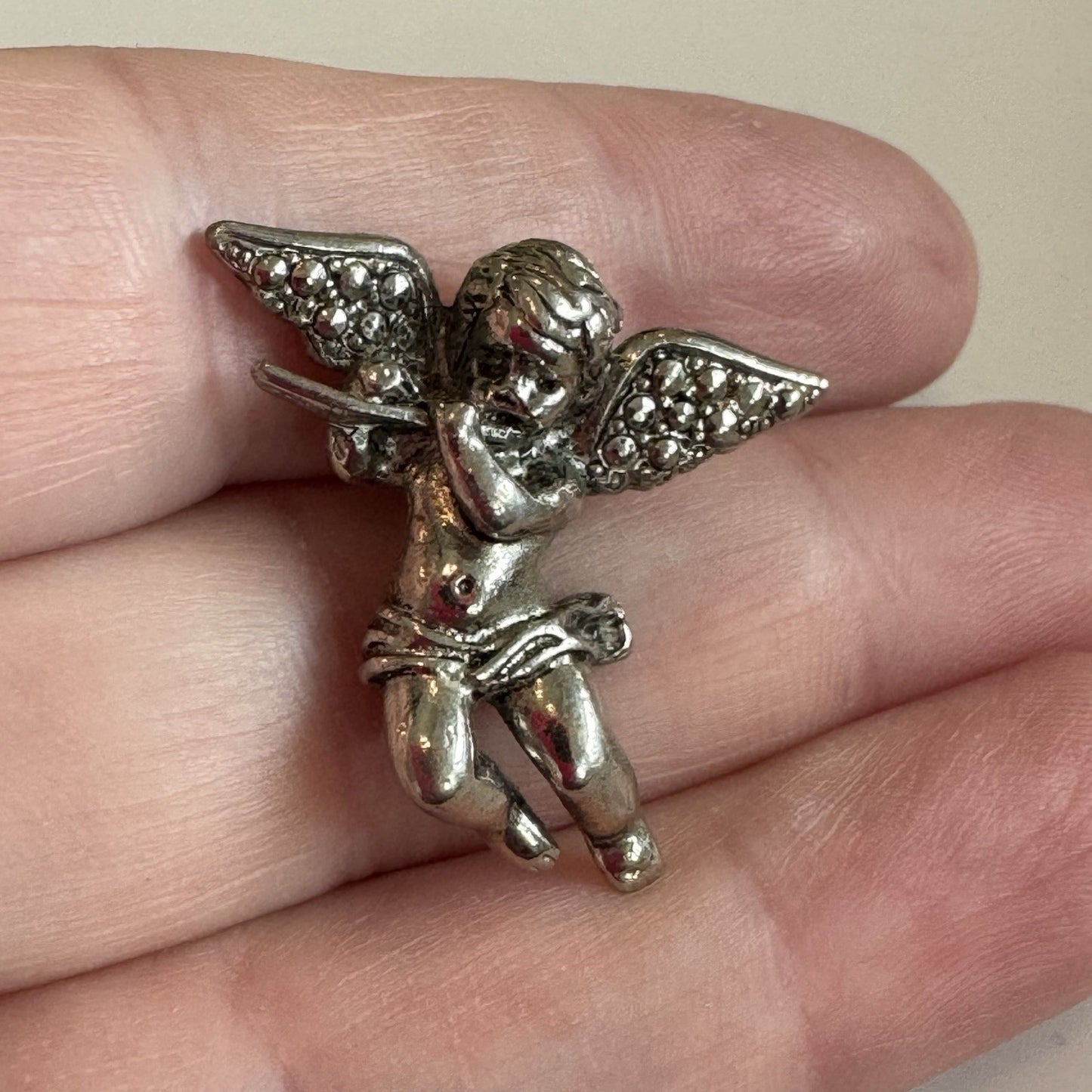 AVON Angel Lapel Pin Silver Tone Faux Marcasite Cherub Wings Flute Playing