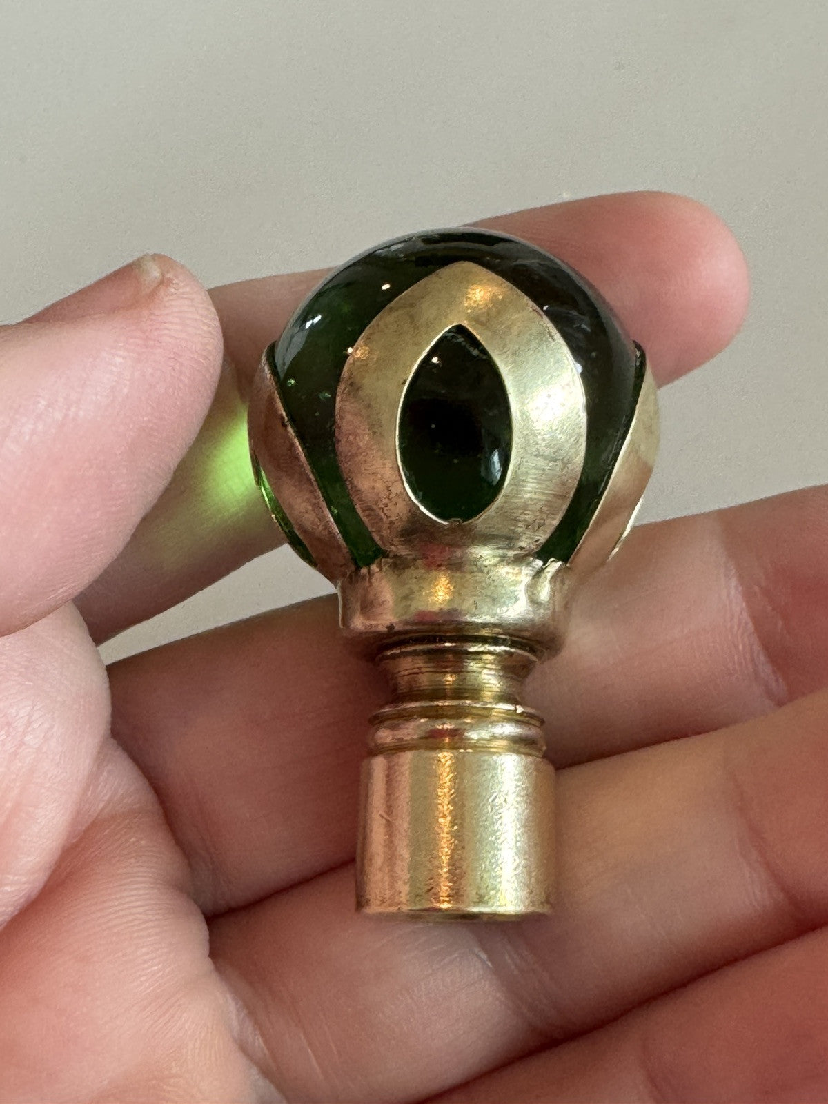 Antique Art Deco Original Green Glass Ball Brass Threaded Lamp Finial