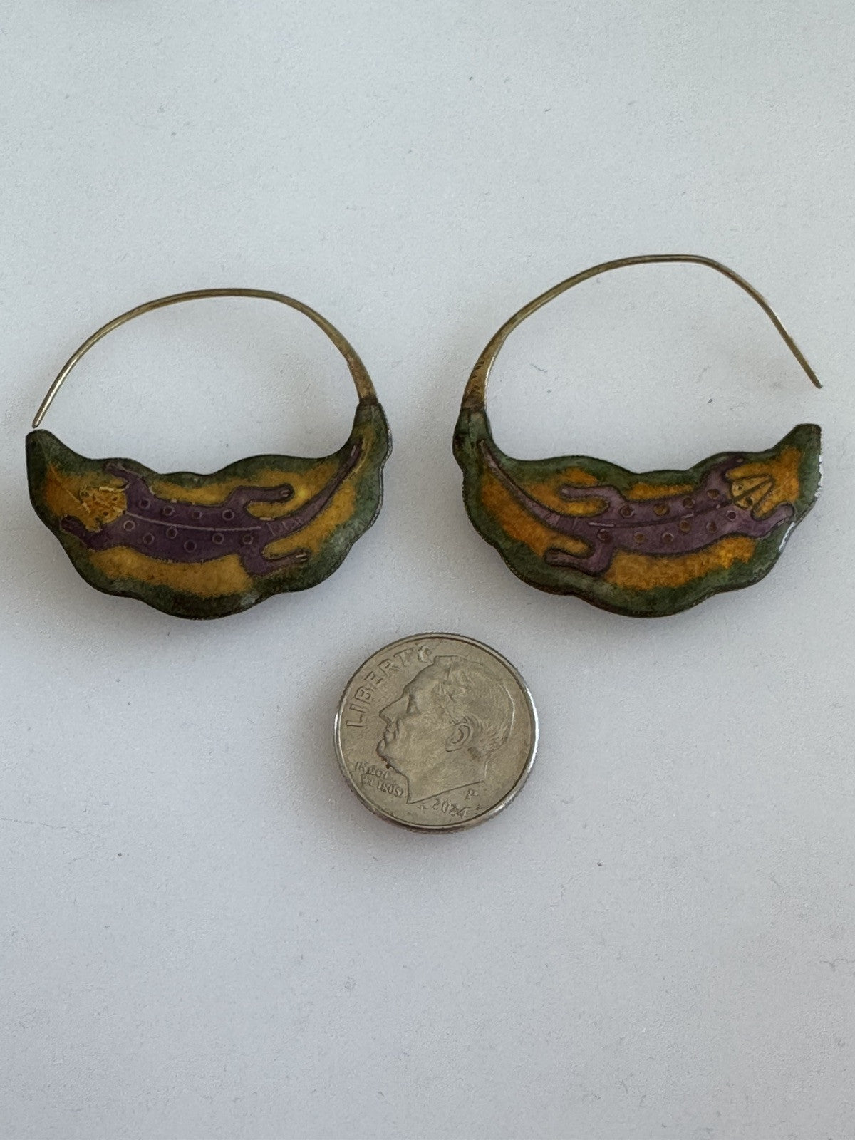 1970’s Laurel Burch Gold Lizard Over Silver Earrings Gold Tone Enamel Cloisonné