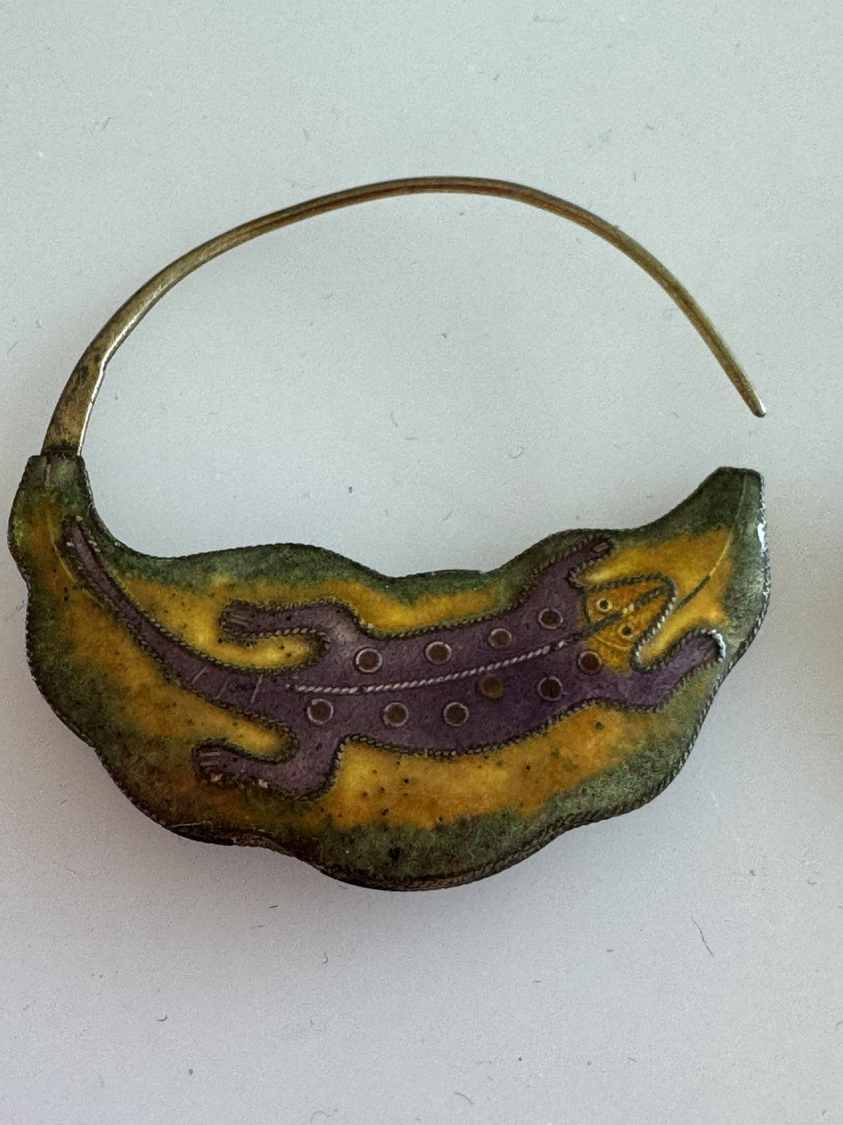 1970’s Laurel Burch Gold Lizard Over Silver Earrings Gold Tone Enamel Cloisonné