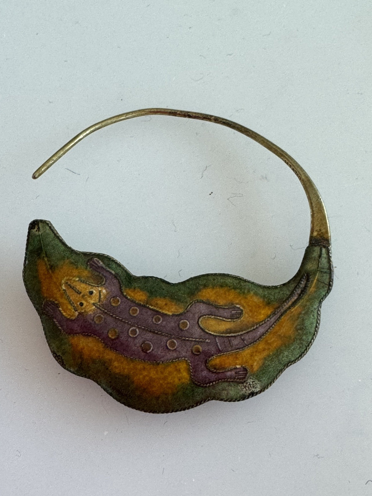 1970’s Laurel Burch Gold Lizard Over Silver Earrings Gold Tone Enamel Cloisonné