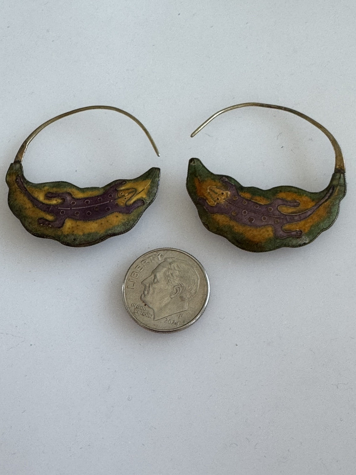 1970’s Laurel Burch Gold Lizard Over Silver Earrings Gold Tone Enamel Cloisonné