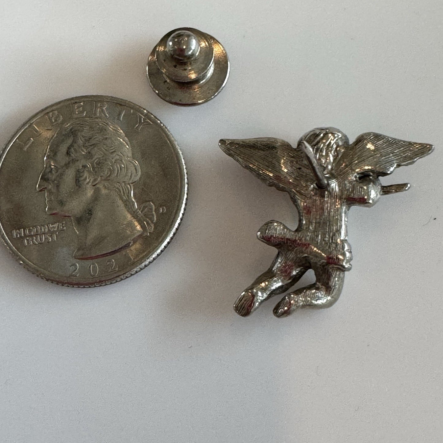 AVON Angel Lapel Pin Silver Tone Faux Marcasite Cherub Wings Flute Playing