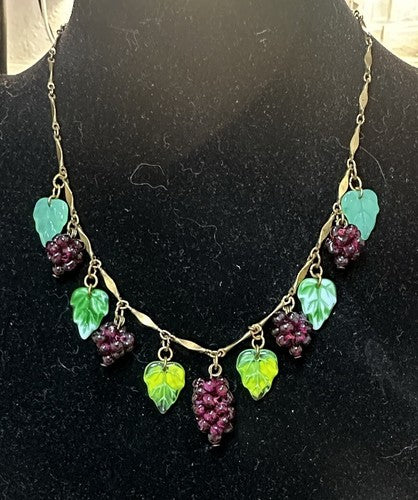 Vintage Janny Glass Grapes and Leaves Brass Necklace 16.5”