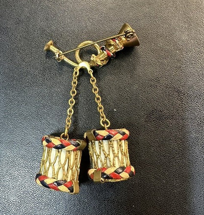 WWII Patriotic Red White Blue Braided Leather Drum Bugle Sweetheart Brooch