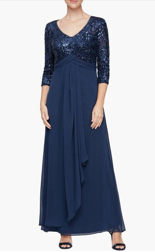 Alex Evenings Sequin Three Quarter Sleeve Evening Gown Dress 8 Navy Blue NWT