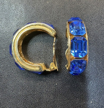 VTG Vendome Clip Earring Signed Stunning Blue Rhinestone Hoops Gold