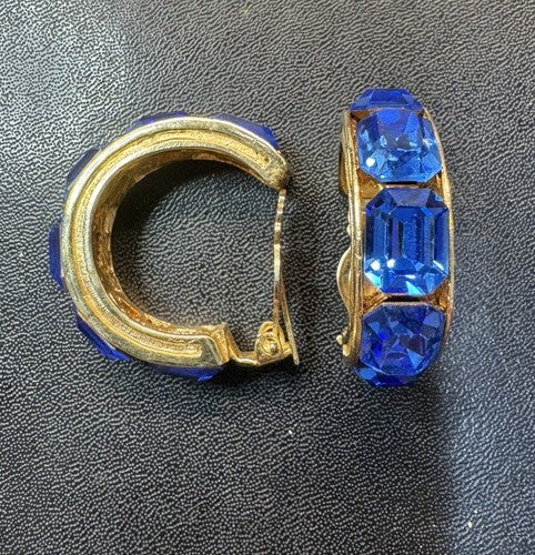 VTG Vendome Clip Earring Signed Stunning Blue Rhinestone Hoops Gold