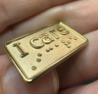 I Care in Braille Lapel Pin Gold Color Metal 