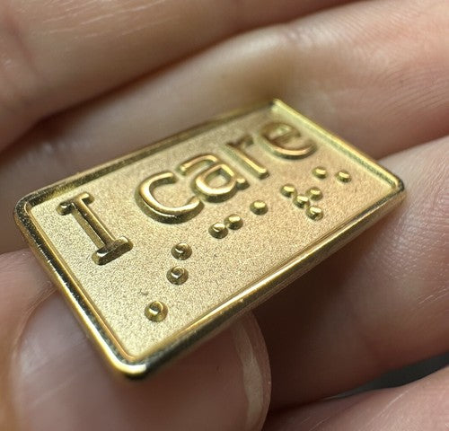 I Care in Braille Lapel Pin Gold Color Metal 