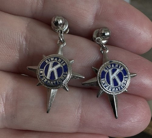 Vintage Kiwanis International Starburst Earrings Silver Tone Logo RARE HTF