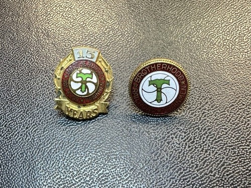 2 Railroad Trainmen Brotherhood Pins 15 Years & Member Pin Award pins