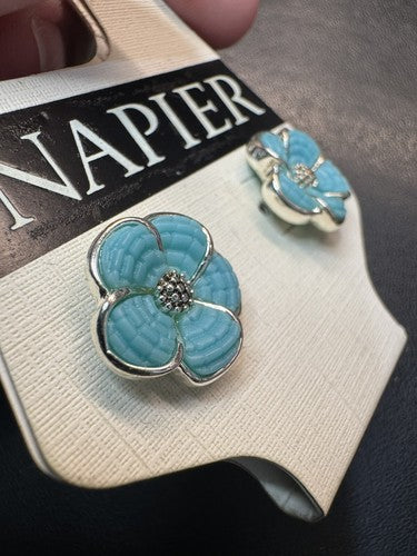 Napier New Blue Flower Silver Tone Pierced Earrings