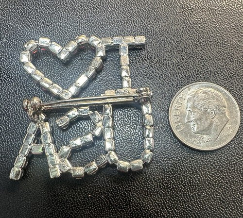 Patriotic I Heart Love USA America Flag Rhinestones Prong Set Silver Tone