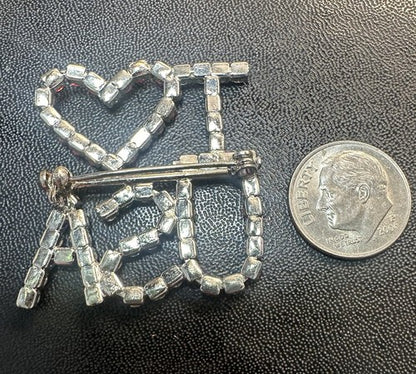Patriotic I Heart Love USA America Flag Rhinestones Prong Set Silver Tone