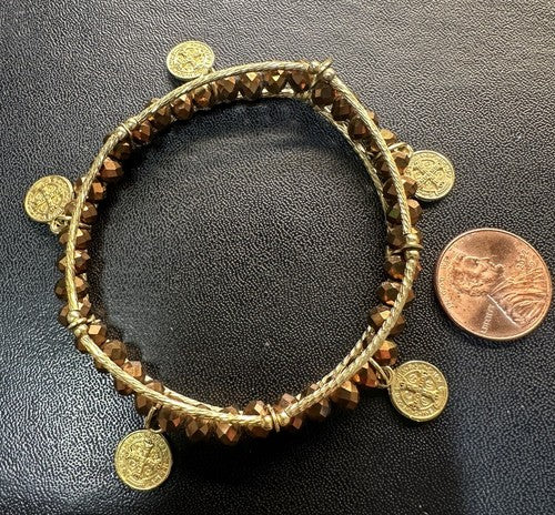 St. Benedict Medal Faceted Copper Gold Stretch Charm Bracelet