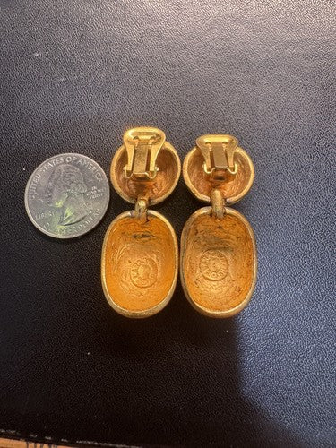 Vtg Clara  Studio Large Bold Matte Gold Tone Door Knocker Statement Earrings