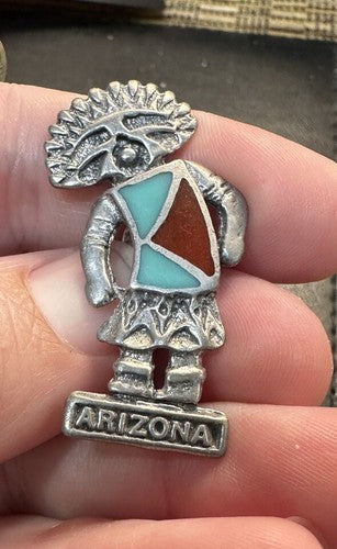 KACHINA PIN ARIZONA TURQUOISE CORAL SILVER METAL PIN Brooch Pewter