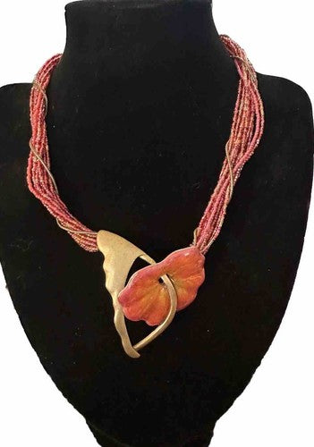 Chicos Statement Necklace Hibiscus Hummingbird Flower Pink Red Gold Enamel
