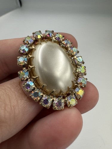 Vintage AB Rhinestone Faux Pearl Gold Tone Clip On Statement Earrings