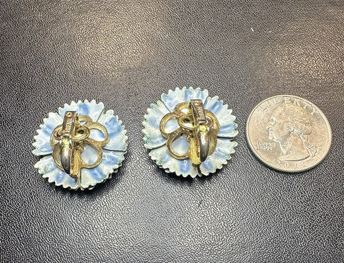 RARE Vintage Crown Trifari Large Blue Carnation Enamel Clip Earrings A. Phillipe