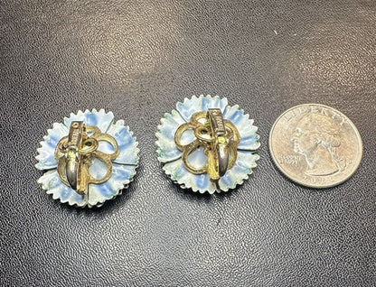 RARE Vintage Crown Trifari Large Blue Carnation Enamel Clip Earrings A. Phillipe