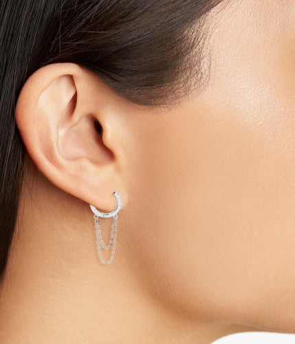 Huggies w/ dangle Chain Cubic Zirconia Silver Huggies Earrings Edgy Modern Pave