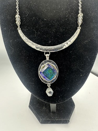 Chico's Silver Iridescent Multi Color Pendant Necklace 23”