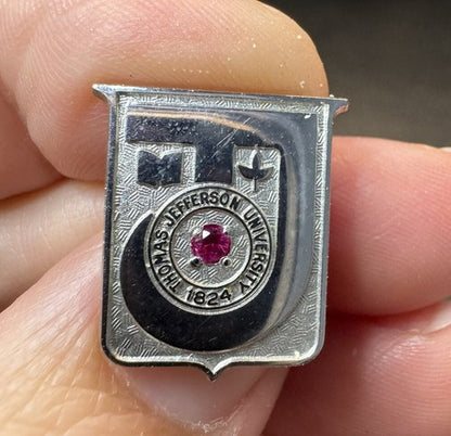 Vintage Pin, Thomas Jefferson University 1824 Silver Tone Red Stone