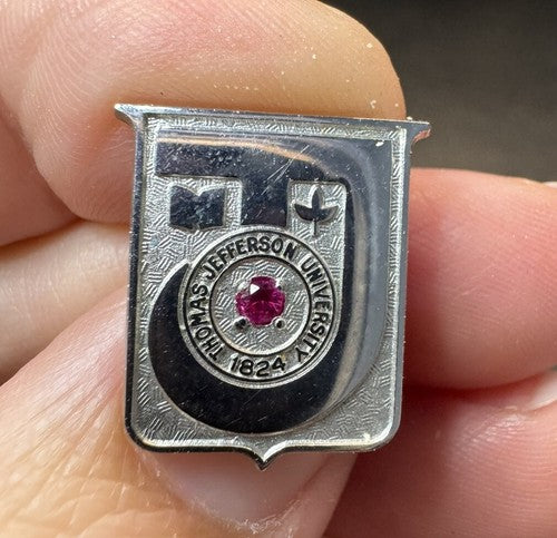 Vintage Pin, Thomas Jefferson University 1824 Silver Tone Red Stone