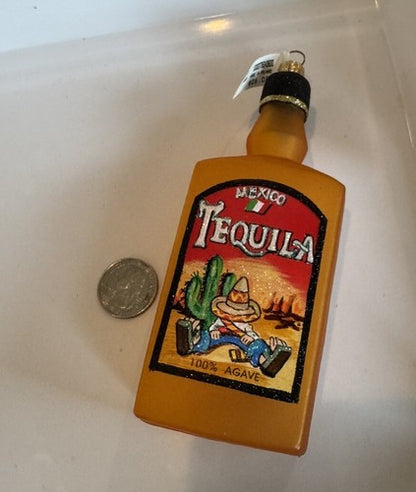 NWT- Glass Tequila Bottle Christmas Tree Ornament Orange Glitter Agave Mexico