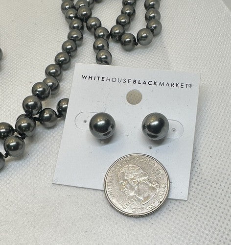 White House Silvery Black Market Black Pearl 56” Necklace & Earring Set NWT