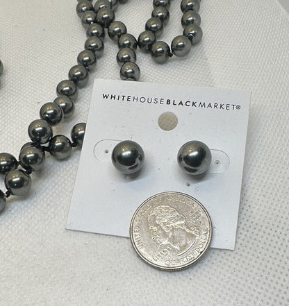 White House Silvery Black Market Black Pearl 56” Necklace & Earring Set NWT