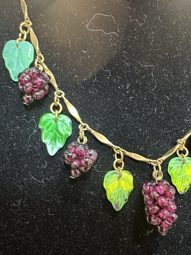 Vintage Janny Glass Grapes and Leaves Brass Necklace 16.5”