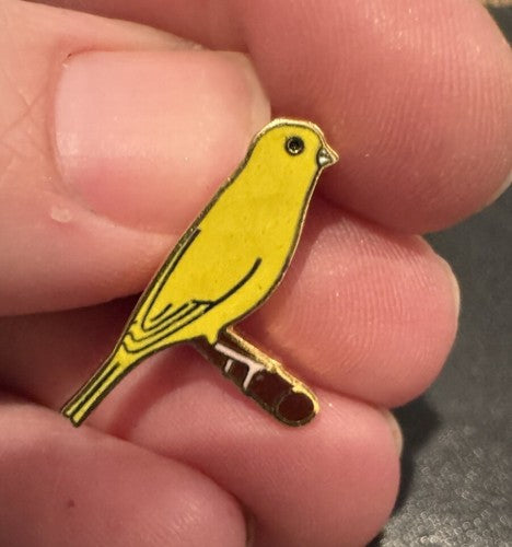 Vintage Yellow Canary on a Perch Bird Brooch Pin Lightweight Metal Enamel Tiny!