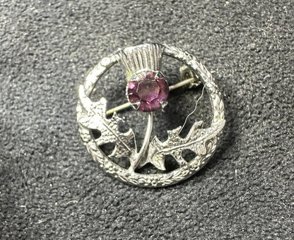 Vintage Signed MIZPAH 60's Scottish Thistle Amethyst Rhinestone Eternity Brooch