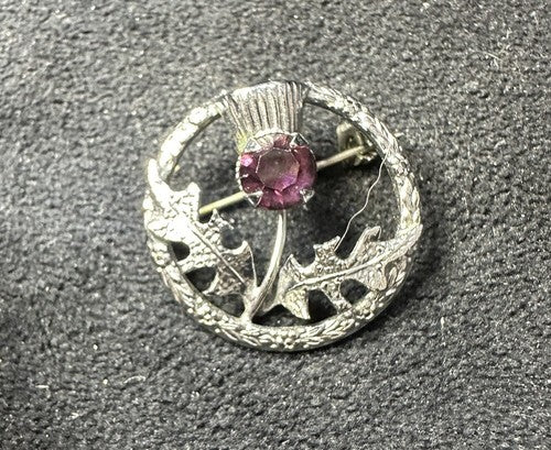 Vintage Signed MIZPAH 60's Scottish Thistle Amethyst Rhinestone Eternity Brooch