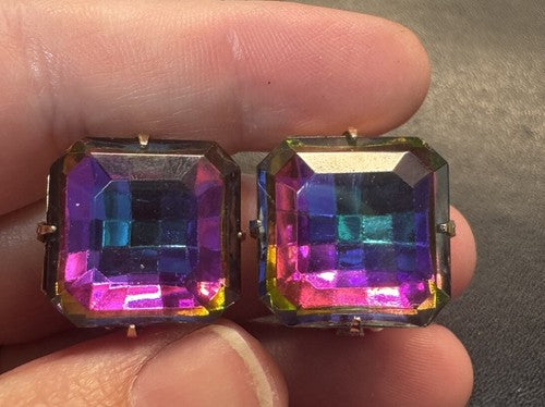 Vintage Rainbow Prism Statement Rhinestone Crystal Clip On Earrings