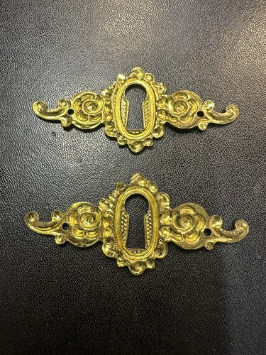 Stamped Brass Skeleton Key Hole Cover Escutcheon Hardware Pair