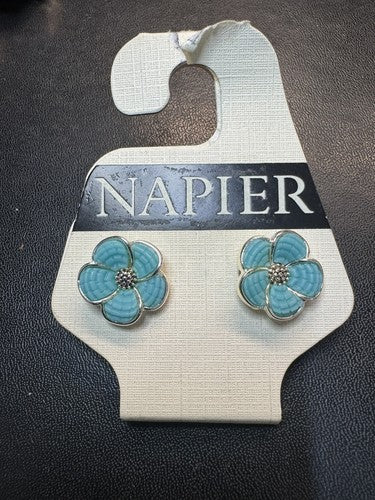 Napier New Blue Flower Silver Tone Pierced Earrings