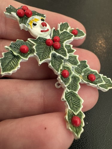 VTG MCM BJ Beatrix Christmas Brooch Enamel Snowman Holly Leaves Berries