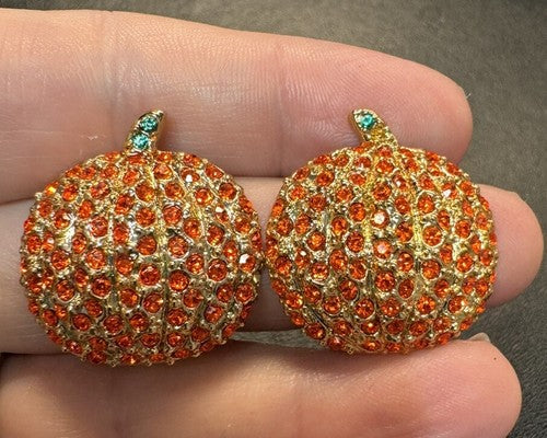 Vintage Majestic PUMPKIN EARRINGS Rhinestone Crystals Halloween Fall