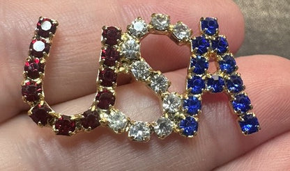 Vintage Unusual USA Rhinestone Pin Red White Blue Brooch